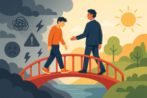Persona acompañada por terapeuta cruza un puente desde el caos emocional hacia la tranquilidad.