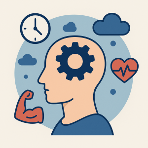 Ilustración de una cabeza con engranajes mostrando síntomas físicos y mentales de ansiedad.