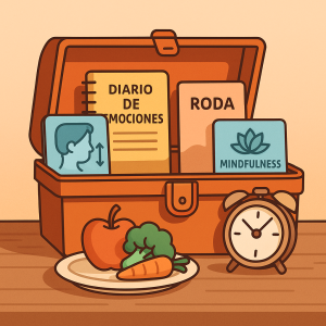 Caja con herramientas para el manejo de la ansiedad como respiración, emociones y hábitos saludables.