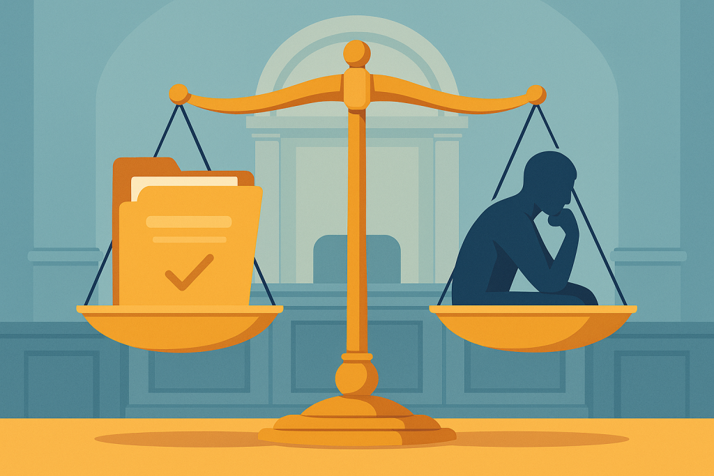 Balanza equilibrando informe técnico y figura humana reflexiva frente a un tribunal.