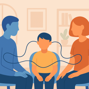 Ilustración de familia con niño en evaluación emocional dentro de sala psicológica.