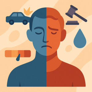 Figura dividida mostrando emociones tras un evento traumático en contexto legal.