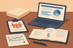 Escritorio con test psicológicos, análisis legal y gráficos periciales digitales.