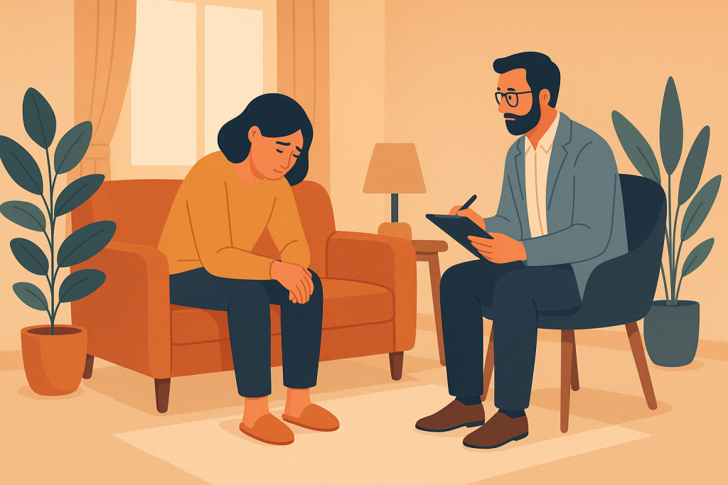 Persona acompañada por psicólogo en un entorno cálido y profesional