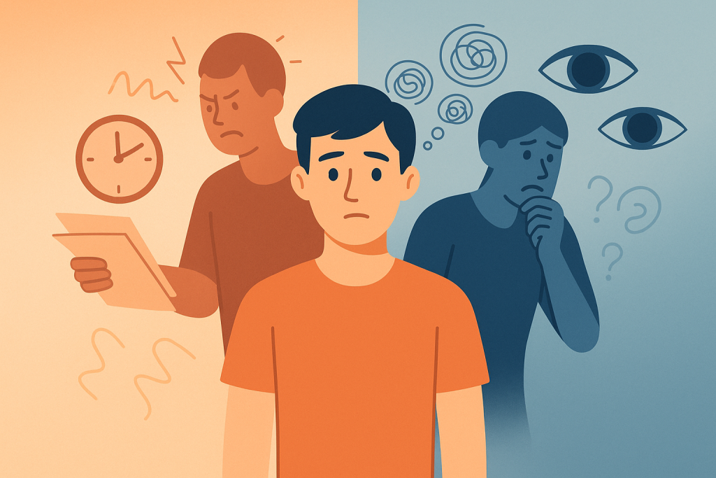 Persona rodeada por representaciones visuales del estrés y la ansiedad, mostrando contraste emocional.