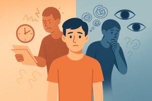 Persona rodeada por representaciones visuales del estrés y la ansiedad, mostrando contraste emocional.