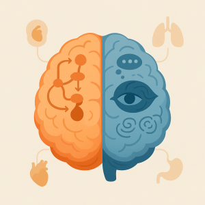 Cerebro dividido mostrando las activaciones distintas del estrés y la ansiedad en estilo isométrico.