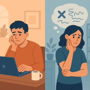 Personas representando síntomas típicos de estrés y ansiedad en la vida diaria.