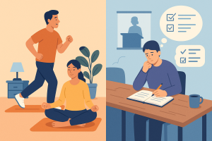 Dos personas aplicando estrategias distintas para manejar estrés y ansiedad respectivamente.